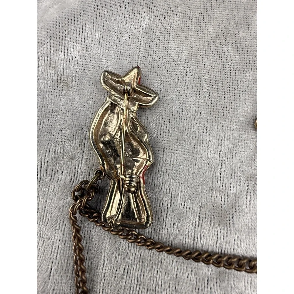 Vintage Chatelaine Style Brooch Figural Enamel Mexican Flower Gold Tone READ‎